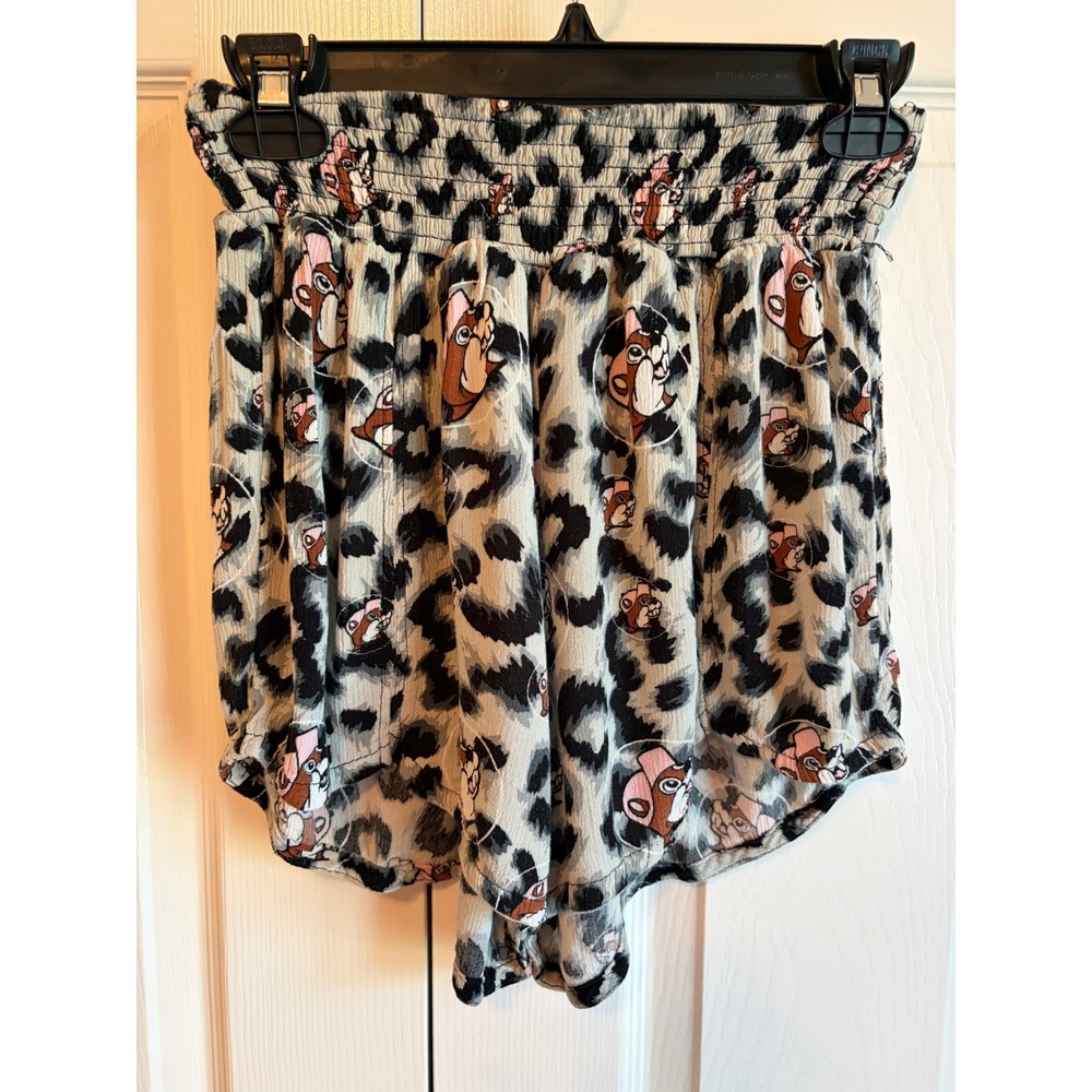 Buc-ee's Leopard Print Mascot Lounge Shorts Medium Rayon Smocked Waist Gray